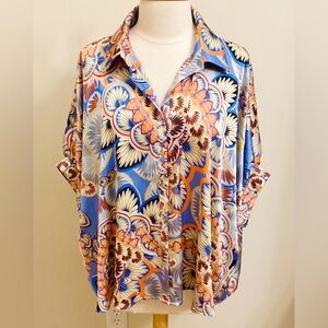 ee:some Blue Cream Orange Leaf Print Silky Boho Festival Poncho Oversized Top S